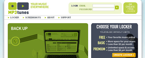 MP3tunes decision - Screenshot of MP3tunes.com homepage